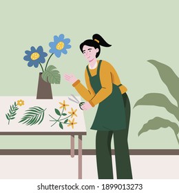 The girl is cutting her trees in the garden with care. Flat vector illustration. Householding works and human activity banner.