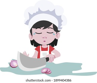 Girl cutting onions flat design illustration. Girl cries because of onion