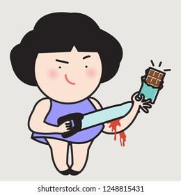 Girl Cutting Own Hand That Holding A Sweet Chocolate Bar With A Ripsaw. Girl Showing How To Stop Craving Sweet Treats To Lose Weight Concept Card Character illustration