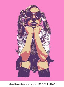 Girl In Cyberpunk Dark Round Glasses. Hand Drawn Character. Vector Illustration