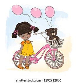 GIRL CYCLE Cartoon Vector Illustration Set for Print, Fabric and Design.