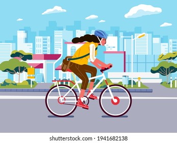 Girl Cycling On The Road. Young Woman Cycling To Work Wearing Safety Helmet And City Scape As Background. Used For Landing Page Illustration And Other