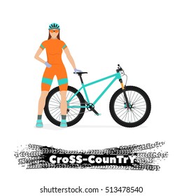 Girl - cyclist with a bicycle on a white background with the word "Cross-Country" below. Equipment and bike for "Cross-Country".