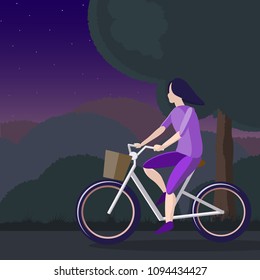 Girl cyclist. Evening walk on a bicycle. Sport vector