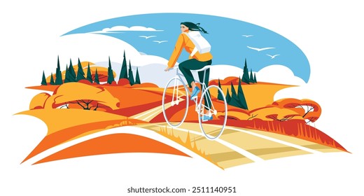 uma menina ciclista em um campo de outono. A paisagem do horizonte da estação. Transporte ecológico. Ilustração em plano vetorial