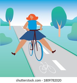 Girl cyclist rides along the bike path in the park in nature. Flat vector stock illustration with a playful woman on a bicycle as a concept of eco-friendly transport, cycling and fighting hypodynamia
