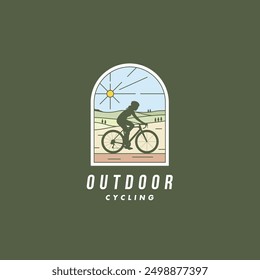 Girl Cyclist riding a bike on country road badge logo. Outdoor cycling colorful logo, sticker, print