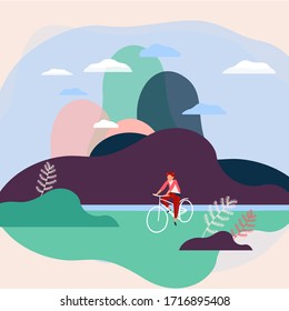 Girl cyclist riding on bicycle near the hills and mountains, vector illustration. Active lifestyle outdoors on beautiful nature landscape, recreation on fresh air. Flat line design of female character