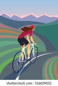 Girl cyclist  riding on the road near the hills and mountains. Fast road biker. Editable vector illustration. 