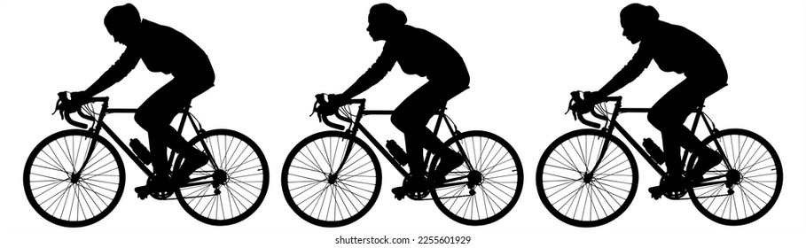 Girl cyclists ride one after another, in one line. Bicycle competition. Cycling competition. A woman rides a bicycle. Side view, profile. Three black female silhouettes isolated on white background