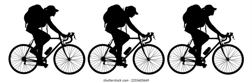 Girl cyclists ride one after another, in one line. A group of cyclists riding bicycles with backpacks on their backs. Tourists. Side view, profile. Three black female silhouettes are isolated on white