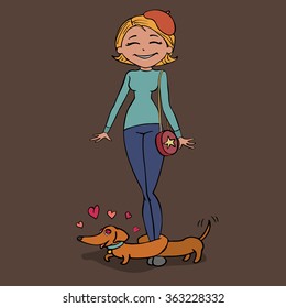 girl with dachshund dog. vector illustration