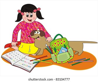 girl and dachshund, vector illustration