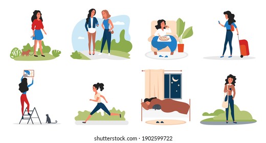 Girl in daily activity vector illustration set. Cartoon active young woman character eating pizza and sleeping, walking with friend, running in city park, traveling with suitcase isolated on white background