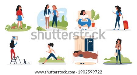 Girl in daily activity vector illustration set. Cartoon active young woman character eating pizza and sleeping, walking with friend, running in city park, traveling with suitcase isolated on white background