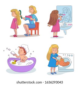 Girl daily hygiene activities cartoon scenes set. Mother helping daughter body, hair, teeth, clothes care. Taking bath, drying head, brushing tooth, washing dress. Vector flat illustration