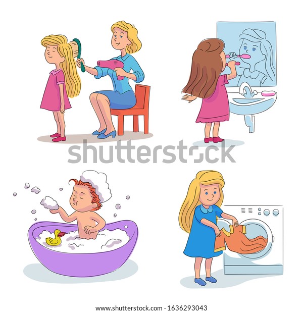 Girl Daily Hygiene Activities Cartoon Scenes Stock Vector (Royalty Free ...