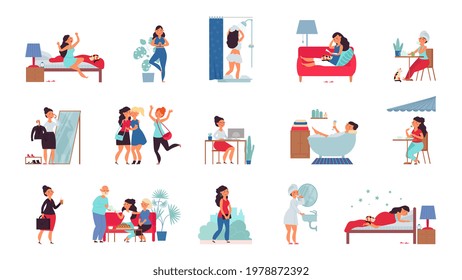 Girl daily life. Eating, hygiene in bathroom work. Woman meets friends, lifestyle routine. Cartoon female with family, on shopping or cafe decent vector set