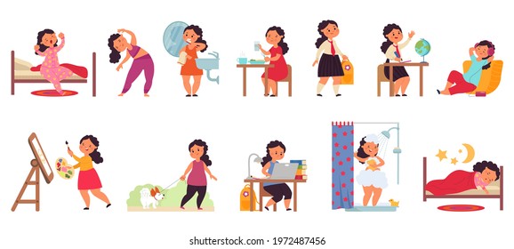 Girl daily routine. Happy personal hygiene, cartoon children take shower. Preschool kid morning activity, isolated baby sleep decent vector set