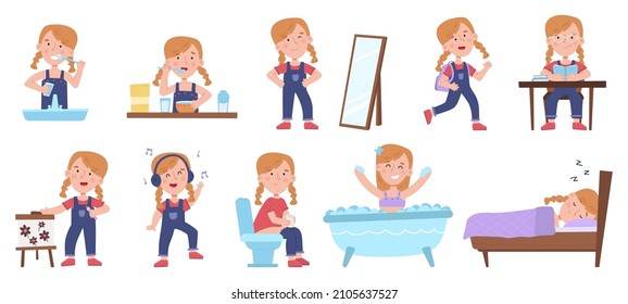 Girl daily routine, kid morning, day and evening schedule. Cute girl sleeping, eating and dressing up scenes vector illustration set. Little girl active daily routine. Child lifestyle schedule