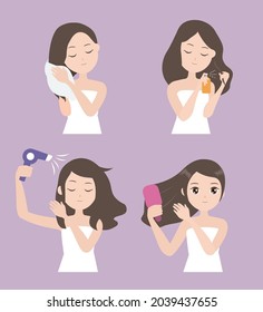 The girl daliy care hair routine. Set of young woman care and treatment her hair  with hair dryer and comb Vector.