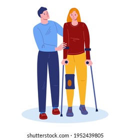 Girl with a damaged knee on crutches. A guy friend supports her, helps. Vector illustration in flat cartoon style. Isolated on a white background.