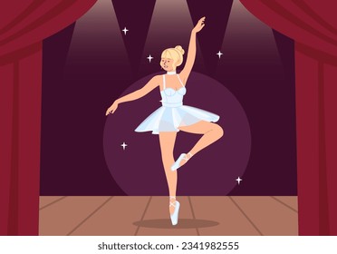 Ballet de baile de niñas en el escenario. Creatividad y arte. Baile infantil con vestimenta blanca. Ballet y teatro. La actriz actúa. Afiche o cartel para el sitio web. Dibujo vectorial plano de dibujos animados