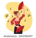Girl dance flamenco concept. Woman with fans in red blose with black dots. Spanish traditional music and culture. Art and creativity, active lifestyle. Cartoon flat vector illustration