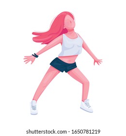 Girl dance flat color vector faceless character. Woman practicing choreography movements. Female in casual clothes dancing isolated cartoon illustration for web graphic design and animation