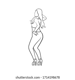 Girl dance posing with look back. lady turned head line art style illustration vector