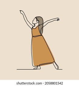 Girl dance wearing dress oneline continuous line art
