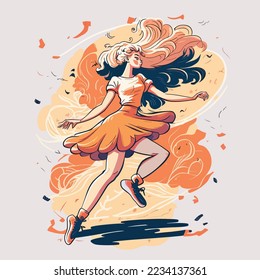 Mädchentancer-Tanzprogramm in einem Studio einer Tanzschule, weibliche Ballettweibchen, Jazz, moderne Tänzer passen glücklich, Logo-Illustration Design 