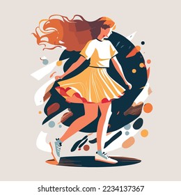 Girl dancer dancing learning dance routine in a studio of a dance school, female woman ballet, jazz, modern dancer fit happy, logo illustration design 