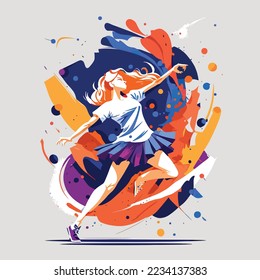 Rutina de baile de bailarinas en un estudio de una escuela de baile, ballet femenino, jazz, bailarina moderna, feliz, diseño de ilustración de logotipo 