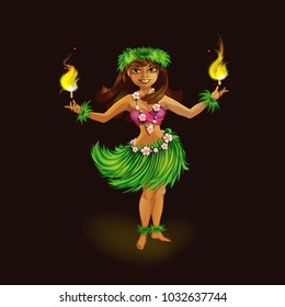 Girl dancer in Hawaiian folk clothes with torches for fiery dance. Hula Dance and Fire Show. Holidays in the Hawaiian Islands. Vector illustration. Character in the cartoon style.