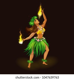 Girl dancer in Hawaiian folk clothes with torches for fiery dance. Hula Dance and Fire Show. Holidays in the Hawaiian Islands. Vector illustration. Character in the cartoon style.