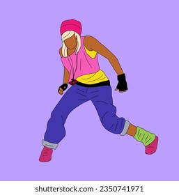 Bailarina de hip hop, breakdance ilustración vectorial moderna aislada en un fondo violeta brillante. Joven mujer fresca bailando en la calle. Esquema de estilo de dibujo, dibujo de línea delgada. Post en medios sociales