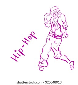 Girl , dancer, hip- hop style , vector, sketch on a white background