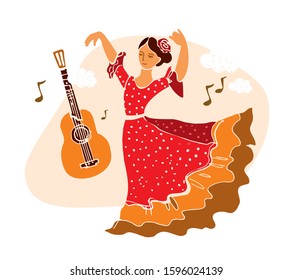 Girl dancer in a red dress in a dance pose with a guitar, notes on a white background hand dawn in a flat style. Poster, invitation to the flamenco festival. Banner dance party. Vector illustration.