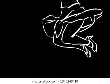 Girl dancer. White silhouette on black background. Female legs in shoes. Space for text. Vector illustration.