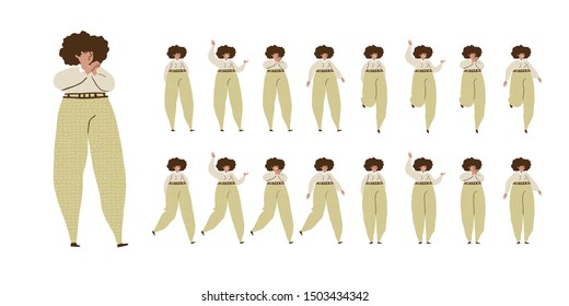 Girl dances. Big set of characters in various positions. Happy woman with dark curly hair in Scandinavian style stays, dances, walks, jumps. Isolated vector illustration EPS10 on white