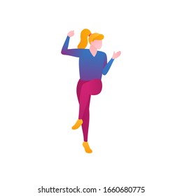 The girl dances, flat vector illustration. The girl dancing in the rhythm of rock n roll high bouncing and lifting her legs. A young woman in movement on the dance floor isolated on a white background