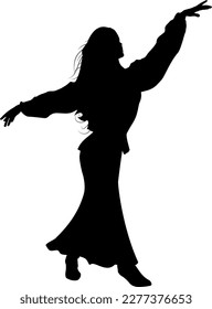 Girl dances in a long skirt, shirt, vest and boots. Silhouette.
Vector illustration of girl with her arms raised to the sides. 
Illustrations of women in vector.
