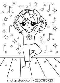 La chica baila música. Libro de colorear con una gimnasta. Deporte. Ilustración vectorial en blanco y negro.