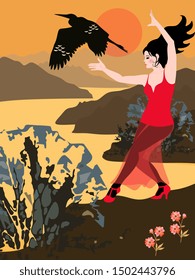 

Girl dances on the banks of a river or sea against the backdrop of the setting sun, is enchanted by a flying bird and flowers. Beautiful vertical card or poster. Fairytale illustration.