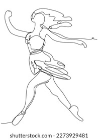 The girl dances in one line on a white background. The concept of lightness and activity in motion. Stock vector illustration with active sports woman.