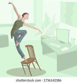 A girl dances in a room on self-isolation during quarantine. In front of a computer camera
