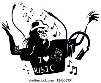 Girl dancing among music symbols