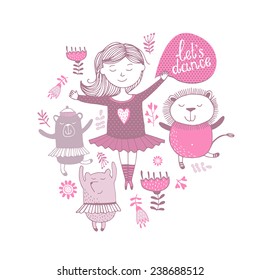 Girl dancing with animals, vector illustration 