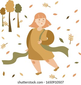 Girl dancing in the autumn forest. The leaves swirl. The autumn dance. Vector image for prints.